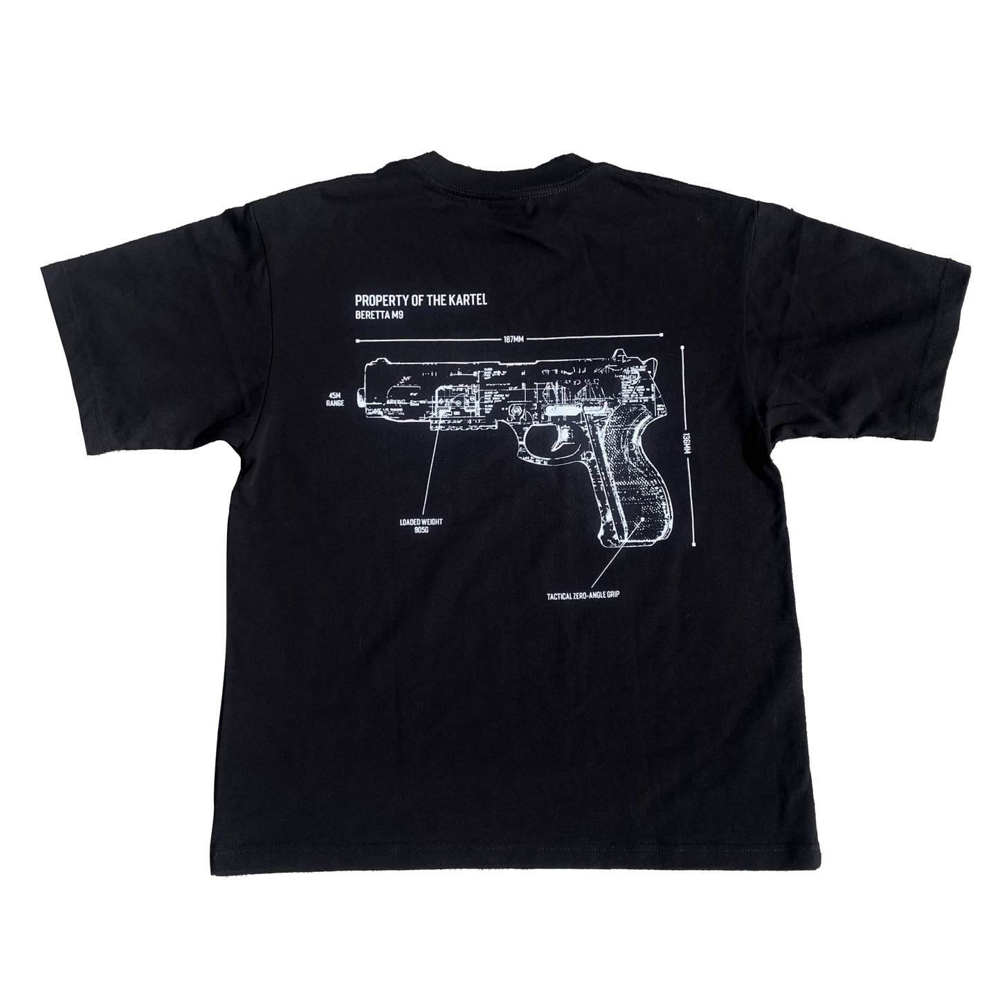 The product is a black t-shirt shown from the back. It features a custom design of a Beretta handgun depicted in a raw, blueprint style. The intricate design adds a unique and detailed artistic element to the shirt.