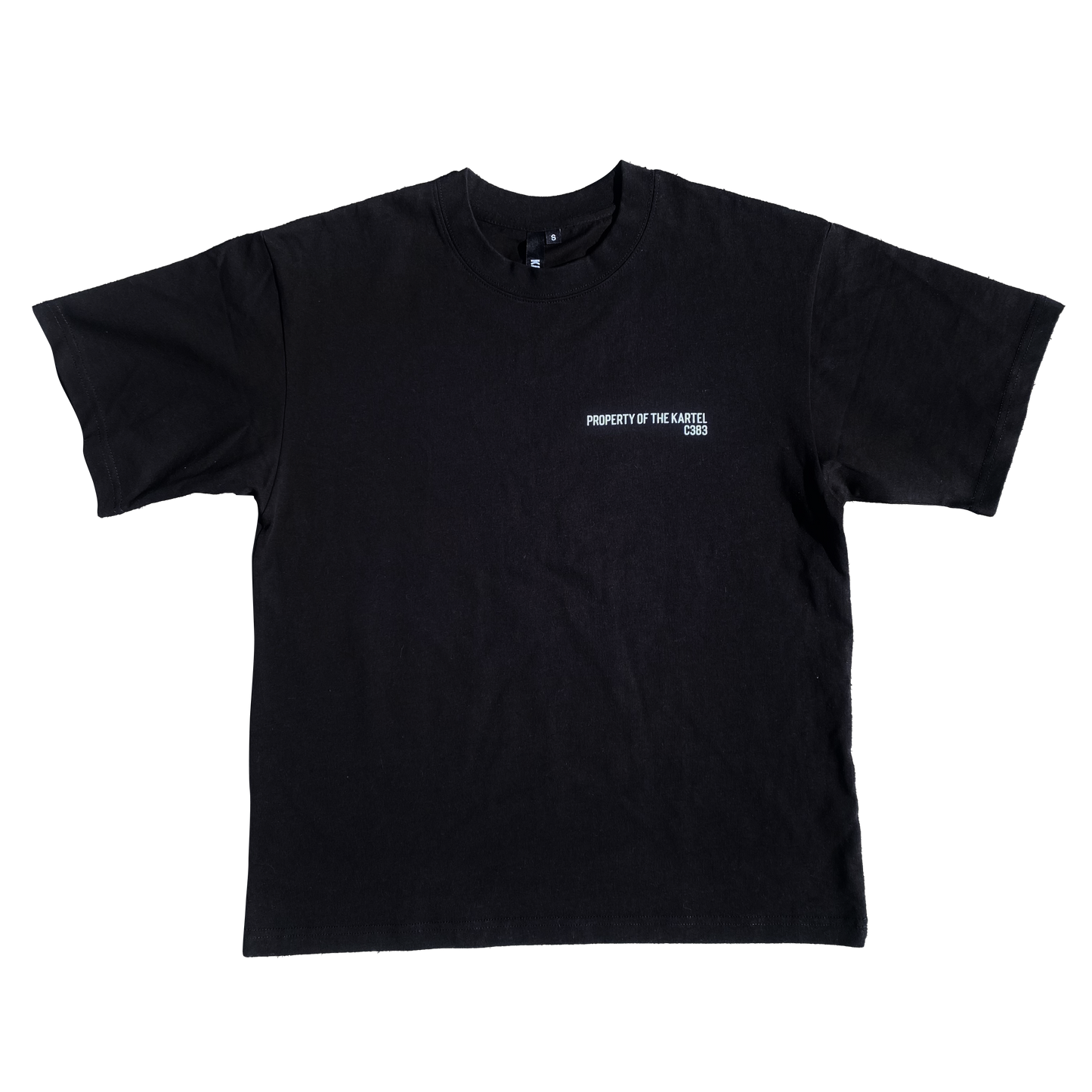 The product is a black t-shirt with a loose, boxy fit. It features a nametag print on the front and a custom woven label, adding a unique touch to the design.