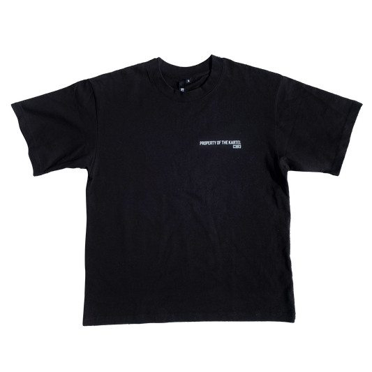 The product is a black t-shirt with a loose, boxy fit. It features a nametag print on the front and a custom woven label, adding a unique touch to the design.